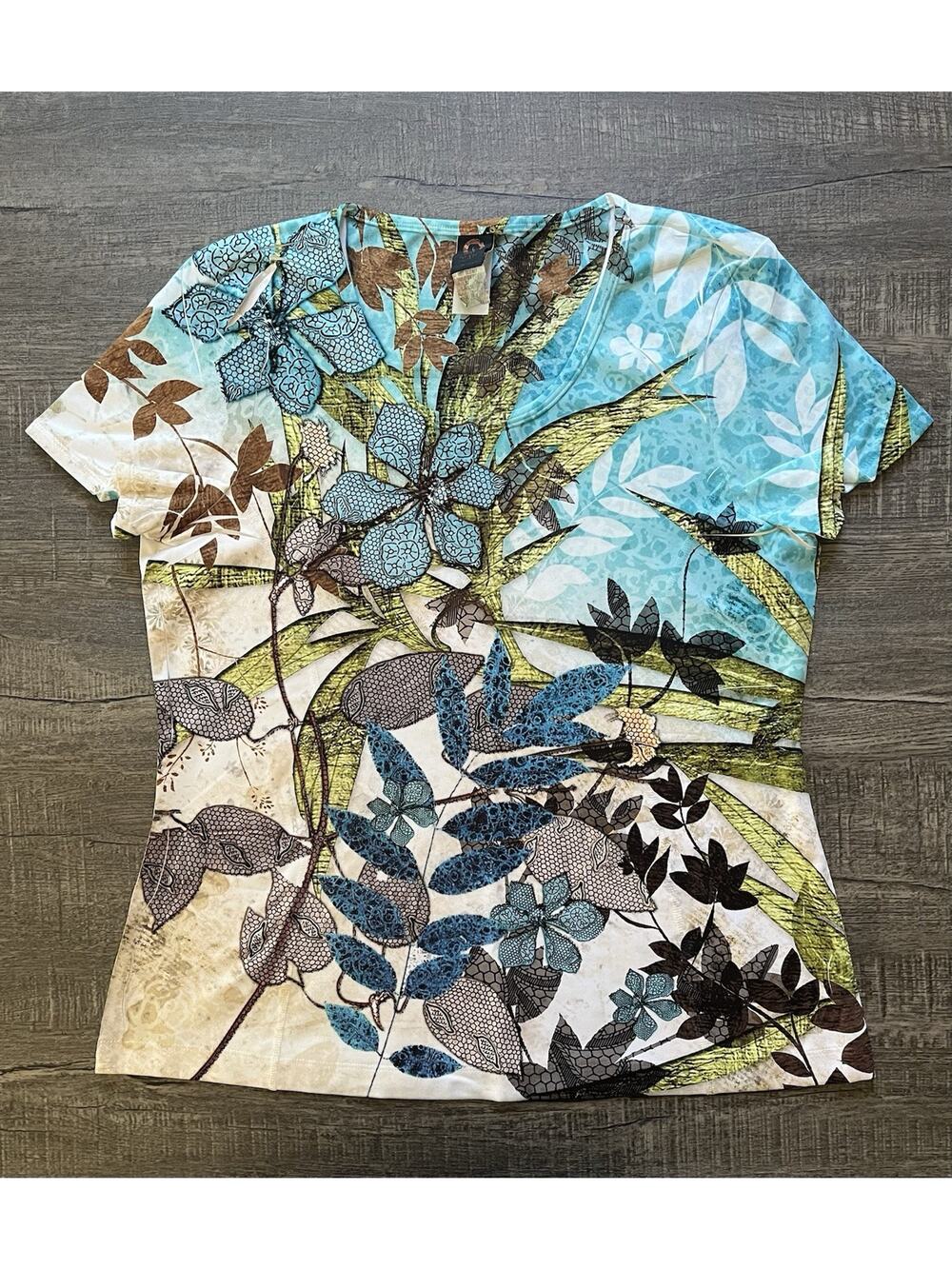 Ojai Top Stretch Knit Artsy Floral Print Yoga Fitness Boho Hippie Tee Shirt, Lg